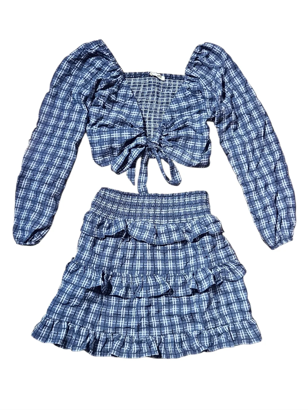 ILLA ILLA Anthropologie Chambray Plaid Two Piece Crop Top Ruffle Skirt Set NWOT